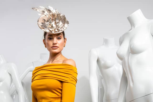 KEVAN JON 30 YEARS FROM CLUBBING TO MOBS: Resort SS22 collection Helix bardot knee-length dress, £210, by Kevan Jon. Hat by Grainne Maher. Photographer, Chris Lord Photography; model Elizabeth Jones.