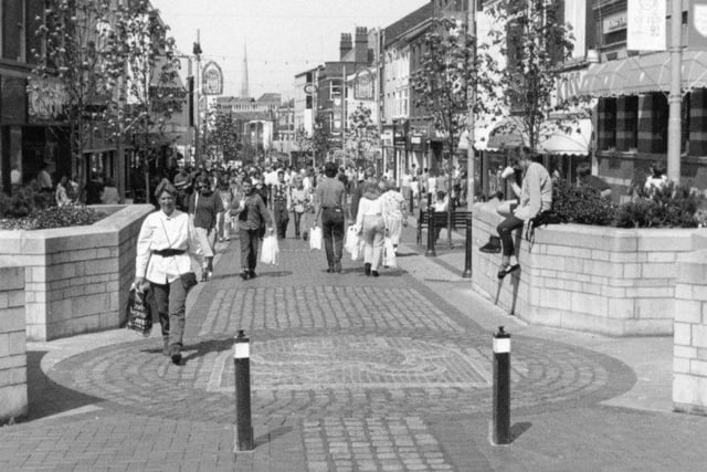 This picture was taken to show off the full scope of the pedestrianisation of Friargate, as it was entered into the British Association of Landscape Industries National Landscape Awards 1992 under the 'predominantly hard landscape construction category' for the work done by William Pye & Ltd