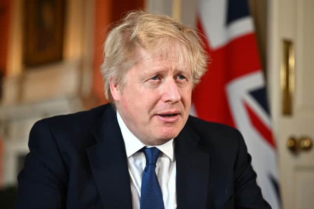 Prime Minister Boris Johnson records an address at Downing Street after he chaired an emergency Cobra meeting to discuss the UK response to the crisis in Ukraine in London.