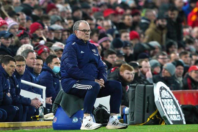 Leeds United manager Marcelo Bielsa sits on the touchline during the Premier League mauling at Liverpool (Picture: PA)