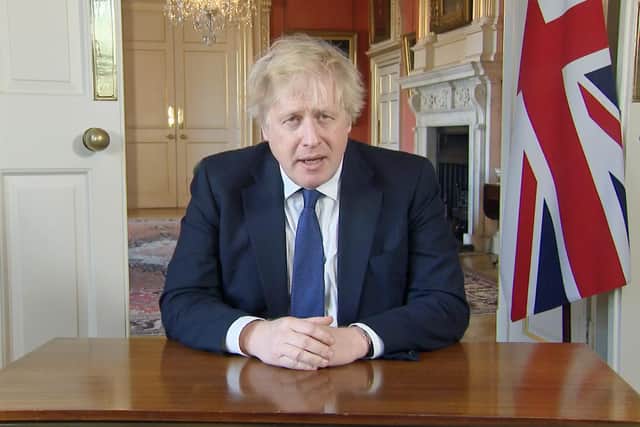 Frame grab from his address to the nation by Prime Minister Boris Johnson from Downing Street, London