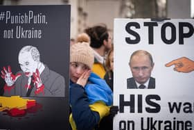 Ukrainians hold a protest against the Russian invasion of Ukraine outside Downing Street on Thursday February 24