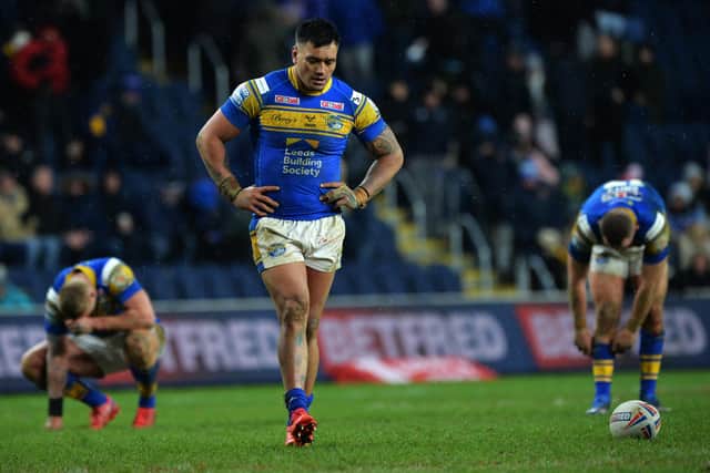 HOME PAINS: Zane Tetevano shows his frustration after Leeds Rhinos' defeat to Catalans Dragons. Picture: Jonathan Gawthorpe.