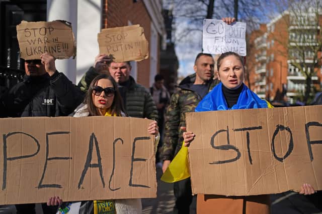 Protesters outside the Russian Embassy in west London, following the Russian invasion of Ukraine.