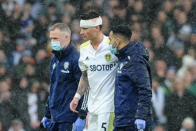 Leeds United's Robin Koch goes off with a head Injury against Manchester United. Picture: Simon Hulme