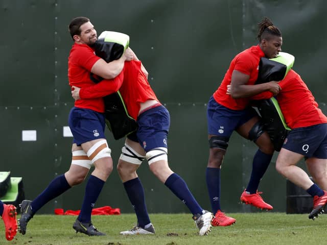 England's Charlie Ewels (left) and Maro Itoje (second right) during a training session at The Lensbury Hotel. Picture: Adrian Dennis/PA