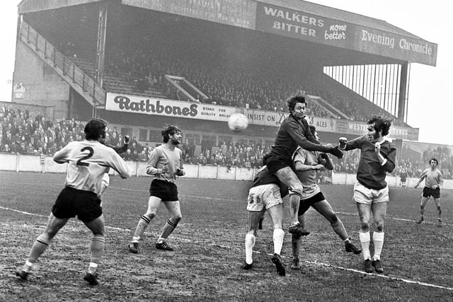 Wigan Athletic's Jim Fleming challenging for the ball in the FA Trophy 3rd round match against Barnet at Springfield Park on Saturday 26th of February 1972. Wigan lost the match 2-1 with Joe Fletcher scoring Latic's goal.