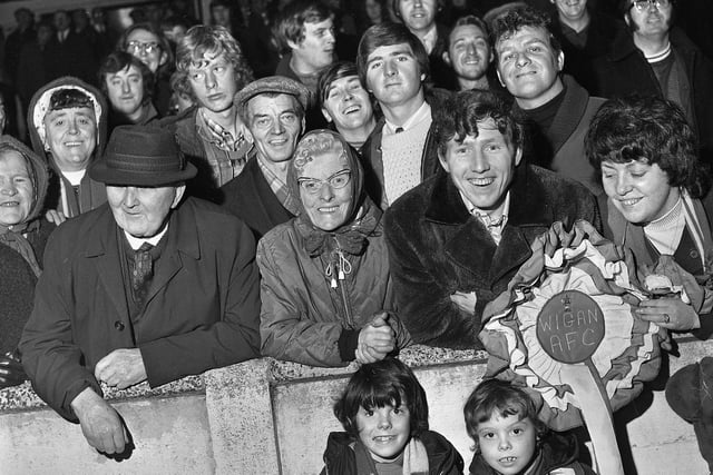 Wigan Athletic fans at the fixture against Burton Albion in an FA Trophy match at Springfield Park on Saturday 2nd of December 1972.
Latics won the match 5-0 with goals from Mickey Worswick 3, Paul Clements and Joe Fletcher.
