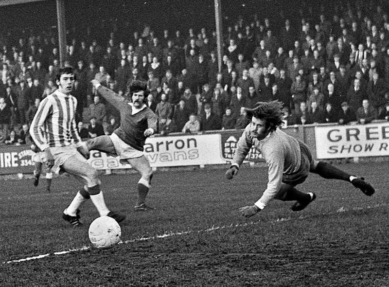 Johnny King fires wide against Runcorn with goalscorer, John Rogers, watching in a Northern Premier League match at Springfield Park on Saturday 30th of December 1972. Latics won 3-0 with Micky Worswick, Graham Oates and John Rogers scoring the goals.