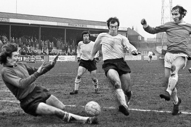 Wigan Athletic's Jim Fleming moves in on goal against South Liverpool in the Northern Premier League match at Springfield Park on Saturday 19th of February 1972. Wigan lost 1-0.