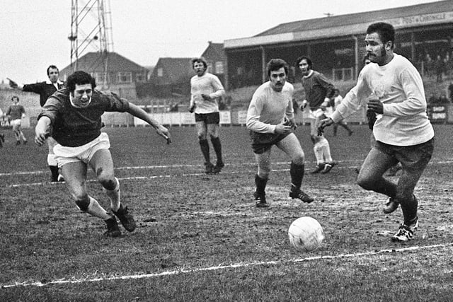 Wigan Athletic forward, Geoff Davies, strains to reach the ball against Morecambe in a Northern Premier League match at Springfield Park on Saturday 5th of February 1972. Latics won 1-0 with a penalty from Jim Fleming.