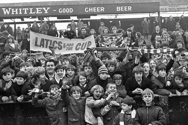 Wigan Athletic fans at the FA Trophy 3rd round match against Barnet at Springfield Park on Saturday 26th of February 1972. Wigan lost the match 2-1 with Joe Fletcher scoring the Latic's goal.