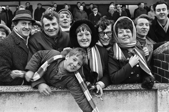 Wigan Athletic fans supporting their team against Morecambe in a Northern Premier League match at Springfield Park on Saturday 5th of February 1972.
Latics won 1-0 with a penalty from Jim Fleming.
