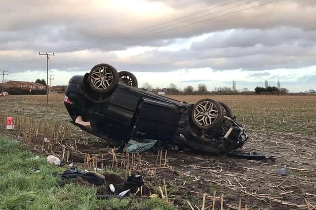 The Range Rover overturned in a field in North Duffield and the dog escaped