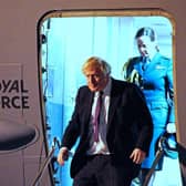 Prime Minister Boris Johnson disembarks a plane as he meets military personnel at RAF Brize Norton in Oxfordshire to thank them for their ongoing work facilitating military support to Ukraine (Photo: PA Wire/Ben Birchall)