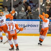 RECORD BREAKER: Robert Dowd signals his delight after setting a new record for goals scored in the Elite League era by a Sheffield Steelers' player, making it 5-3 against  hosts Nottingham Panthers on Saturday night. Picture courtesy of Scott Antcliffe.