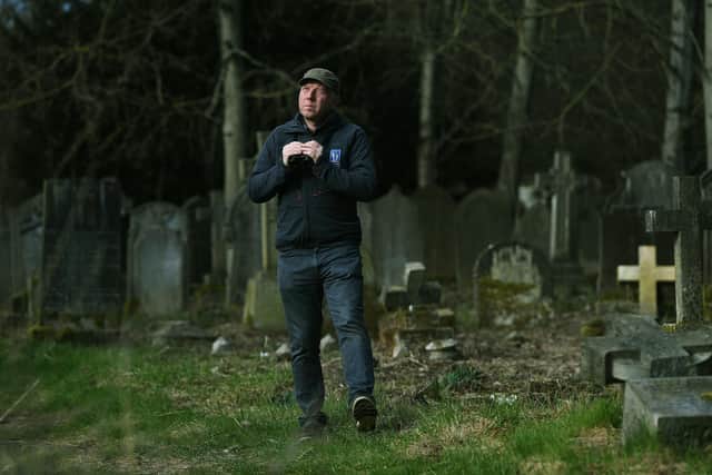 Richard Baines from Yorkshire Coast Nature at York Cemetery, where its urban classes will be held, on how to identify city birds, listen for sounds and song, and use telescopes and binoculars. Image by Jonathan Gawthorpe.