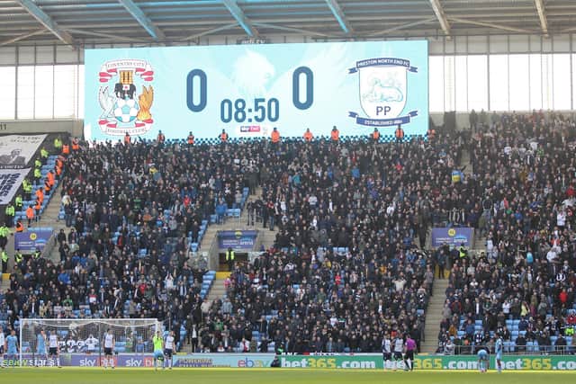 More than 2,500 Preston North End supporters in the away end at the Coventry Building Society Stadium.