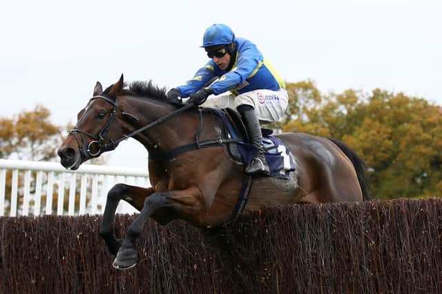 Sha Blue and Harry Skelton in novice chase action at Wetherby a year before coming to grief in the Charlie Hall Chase at the track.