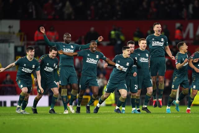 Middlesbrough players celebrate winning the penalty shoot-out after the Emirates FA Cup fourth round match at Old Trafford, Manchester. (Picture: PA)