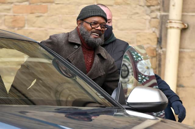Samuel L Jackson seen on set during filming of the Marvel Disney Plus series Secret Invasion at The Piece Hall on January 26, 2022 in Halifax. (Photo by Gerard Binks/Getty Images).