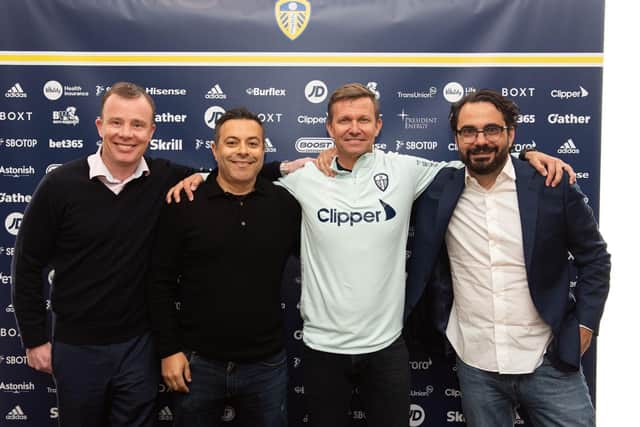 WELCOMING PARTY: Jesse Marsch, second right, poses with chief executive Angus KIinnear, left, chairman Andrea Rarizzani and Victor Orta, right. Picture courtesy of Leeds United.