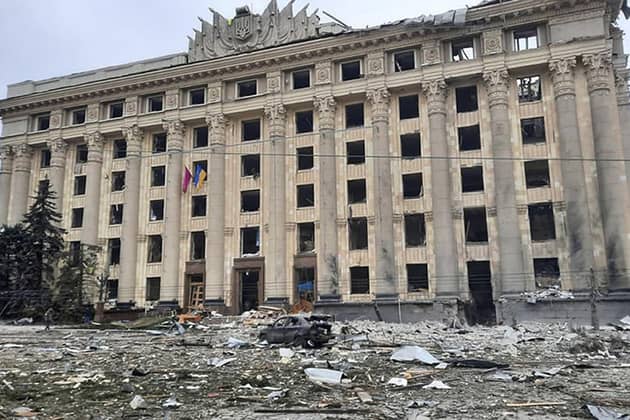 The damaged City Hall building in Kharkiv, Ukraine, on Tuesday, having been pounded by Russian shells. Picture: Ukrainian Emergency Service via AP