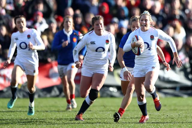 Sarah McKenna of England breaks with the ball during the Women's Six Nations match between England and France at Castle Park, Donnybrook on February 10, 2019 in Doncaster, United Kingdom.  (Picture: Matthew Lewis/Getty Images)