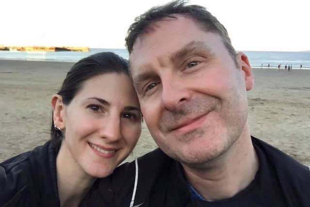 Andrew Kitson was killed after he was hit by a car which was being pursued by police. Here is is pictured wife his wife Jessica.