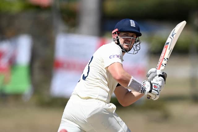England’s Alex Lees bats against the West Indies President’s XI in Antigua. Picture: Gareth Copley/Getty Images