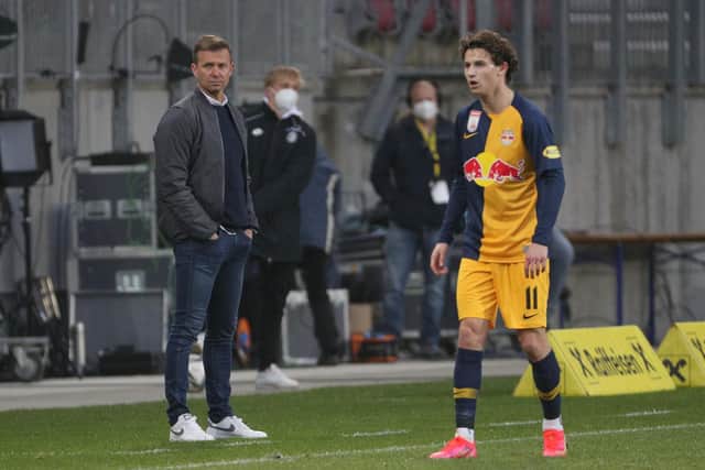 REUNITED? Jesse Marsch, left, and Brenden Aaronson, right, worked together at Red Bull Salzburg. Picture: Getty Images.
