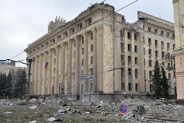City hall of Kharkiv on March 1, 2022, destroyed as a result of Russian troop shelling