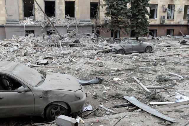 A view of the square outside the damaged local city hall of Kharkiv on March 1, 2022, destroyed as a result of Russian troop shelling