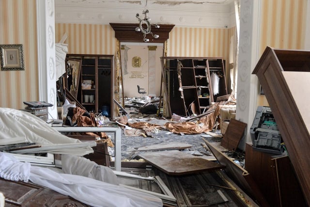An interior view of the damaged local city hall of Kharkiv on March 1, 2022, destroyed as a result of Russian troop shelling