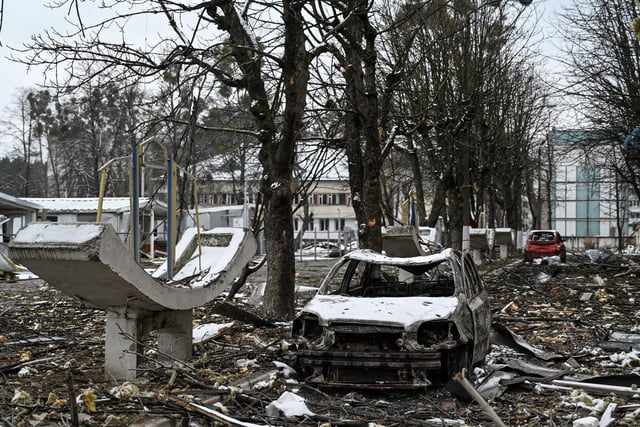 The view of military facility which was destroyed by recent shelling in the city of Brovary outside Kyiv on March 1, 2022.