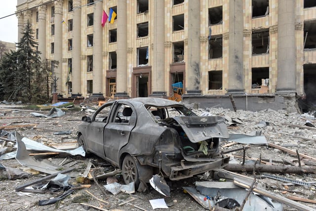 This general view shows the damaged local city hall of Kharkiv on March 1, 2022, destroyed as a result of Russian troop shelling