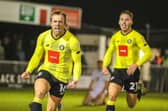 Alex Pattison celebrates after firing Harrogate Town into a first-half lead against Port Vale. Picture: Matthew Appleby