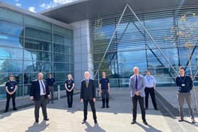 Caption: (From left to right) are Maurizio Cunningham-Brown (CEO and Founder), then Malcolm Earp (Chief Operating Officer), then Keith Ellis (Chief Scientific Officer), then Stephen Bowles (AMRC Team Leader) and the back row has some of the UBC AMRC team.