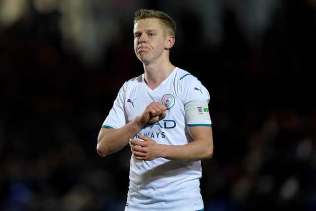 An emotional Oleksandr Zinchenko in action for Manchester City this week.