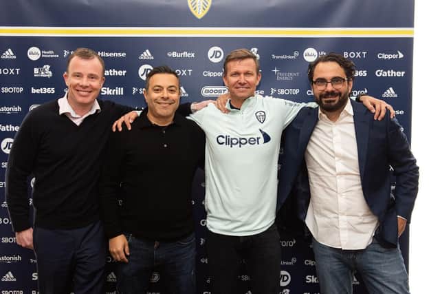 Leeds United manager Jesse Marsch - pictured with Angus Kinnear Andrea Radrizzani and Victor Orta - right - on the day he was appointed to succeed Marcelo Bielsa 

Picture supplied by Leeds United.