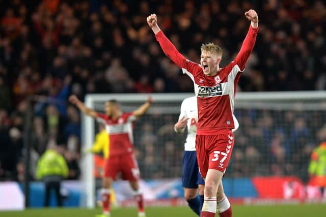 Match winner Josh Coburn celebrates at the final whistle as Middlesborough FC beat Tottenham Hotspur in the FA Cup.
 (Picture: Bruce Rollinson)