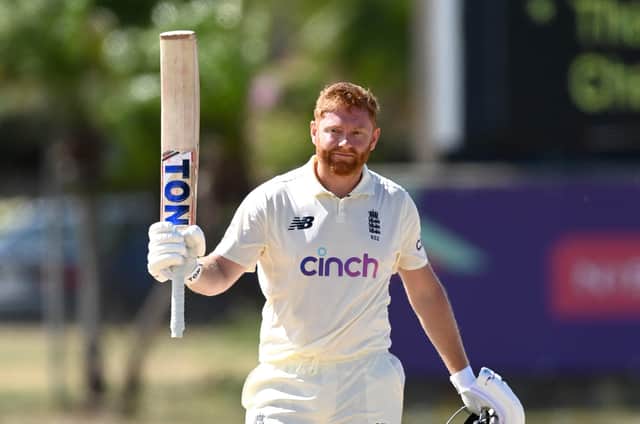 England's Jonny Bairstow celebrates reaching his century against the West Indies President's XI at Coolidge Cricket Ground in Antigua. (Photo by Gareth Copley/Getty Images)