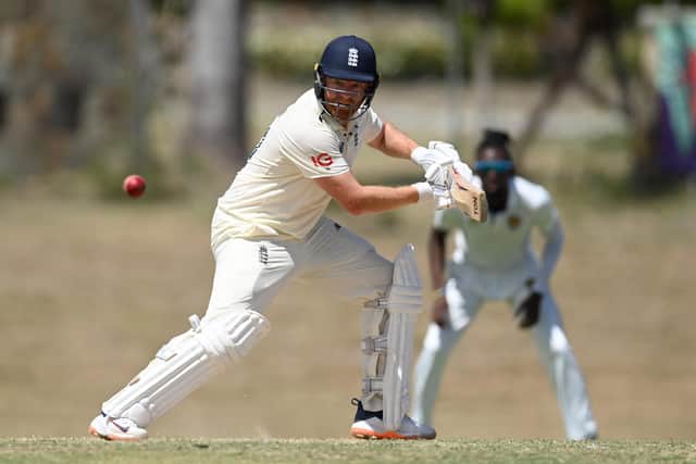 England's Jonny Bairstow in action in Antgua. (Photo by Gareth Copley/Getty Images)