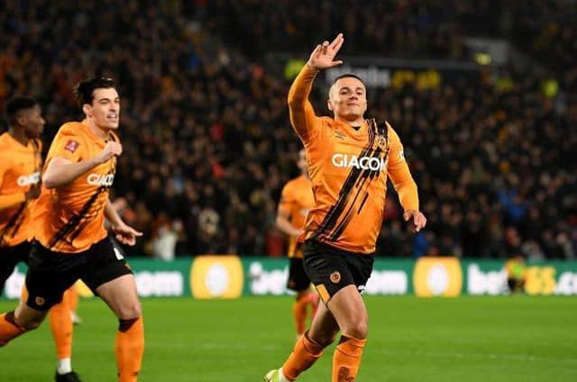 Hull City striker Tyler Smith pictured scoring against Everton in the FA Cup in January.