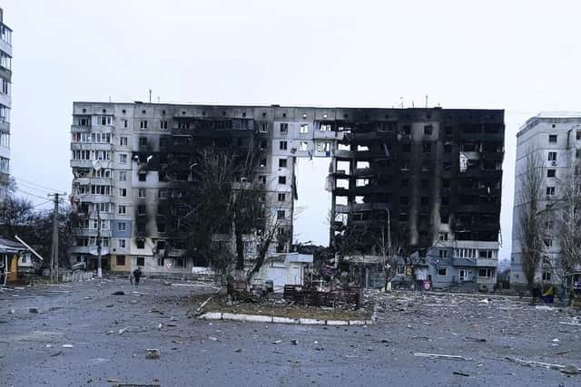 A view of heavy damage in the residential area of Borodyanka, on the outskirts of Kyiv, Ukraine, Thursday, March 3, 2022, following a Russian strike. (Twitter/StahivUA via AP).