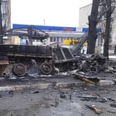 A view of heavy damage in the residential area of Borodyanka, on the outskirts of Kyiv, Ukraine,  following a Russian strike.