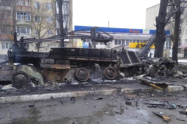 A view of heavy damage in the residential area of Borodyanka, on the outskirts of Kyiv, Ukraine,  following a Russian strike.