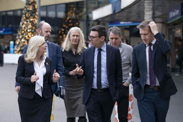 Transport for the North board members Mayor West Yorkshire Tracy Brabin, Mayor of North of Tyne Jamie Driscoll, Acting Chair Councillor Louise Gittins Cheshire West and Chester, Mayor of Greater Manchester Andy Burnham, Mayor of Liverpool City Region Steve Rotheram and Mayor of South Yorkshire Dan Jarvis outside Leeds Station in November