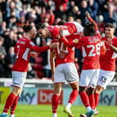Amine Bassi celebrates his opener for Barnsley against Middlesbrough last weekend. Picture: Tony Johnson