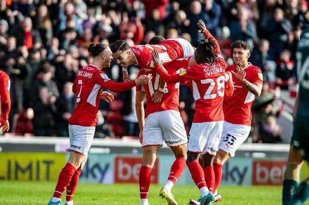 Amine Bassi celebrates his opener for Barnsley against Middlesbrough last weekend. Picture: Tony Johnson